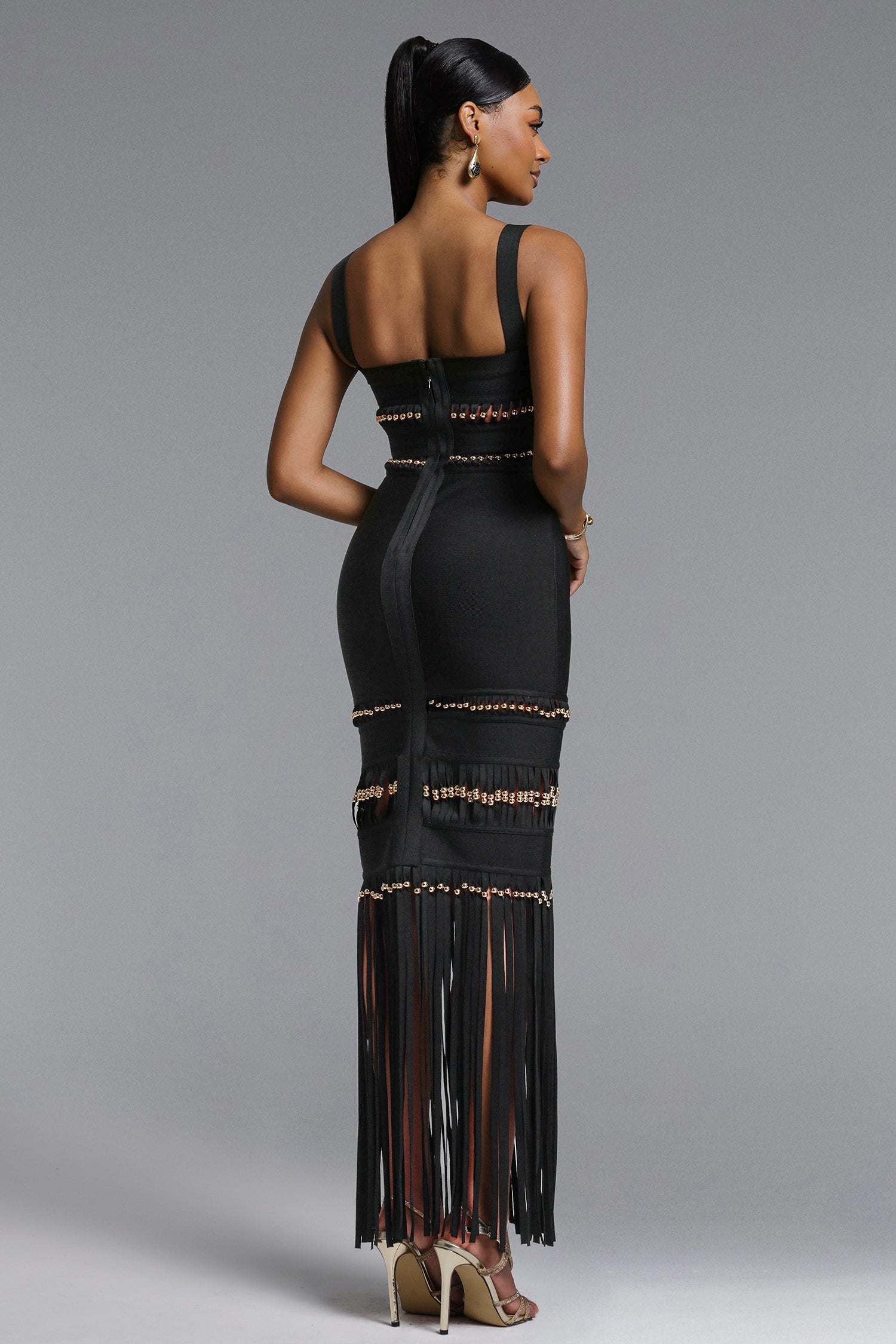 Shanley Chic Contour Sleeveless Beaded Fringe Black Bandage Maxi Dress D260301217