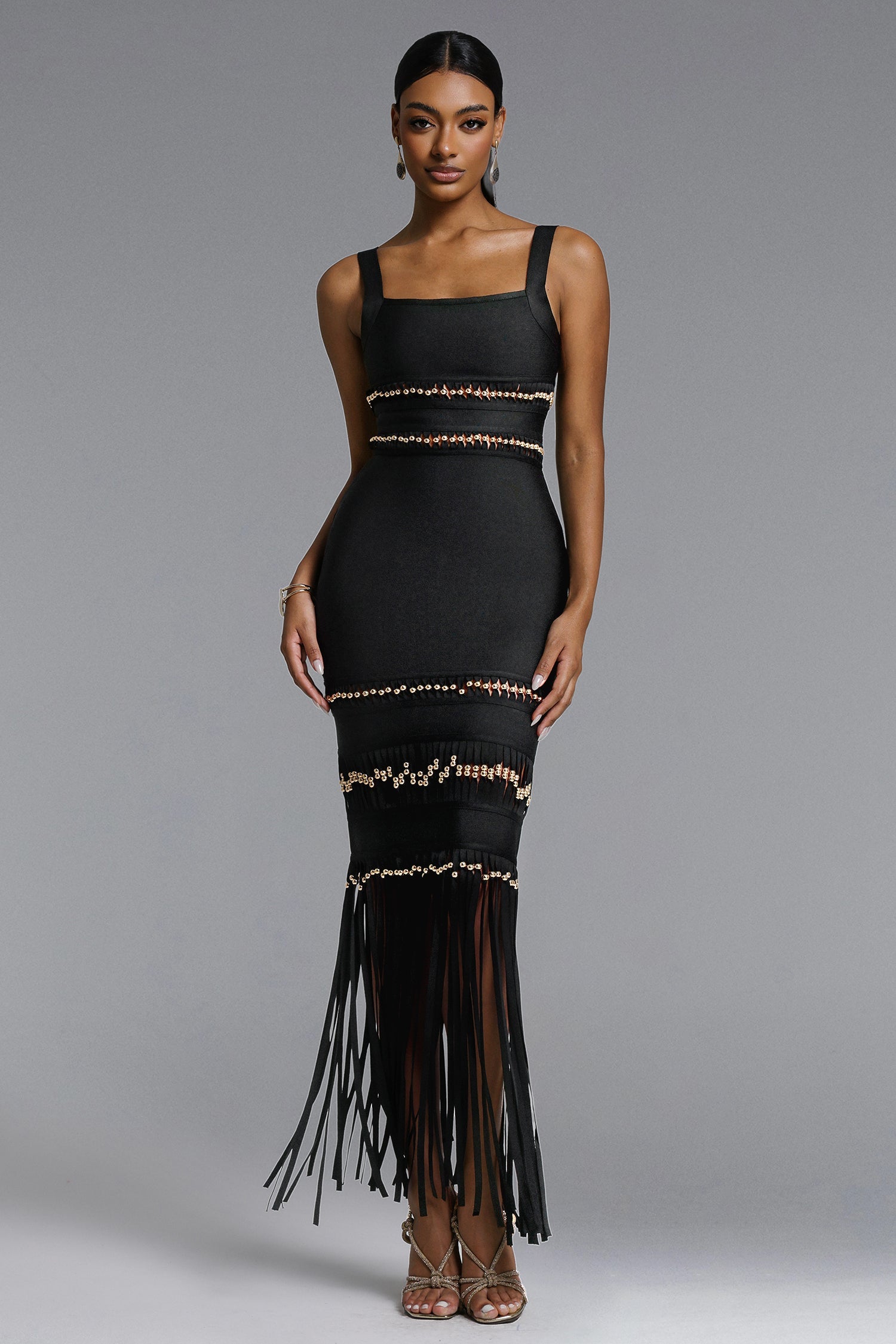Shanley Chic Contour Sleeveless Beaded Fringe Black Bandage Maxi Dress D260301217