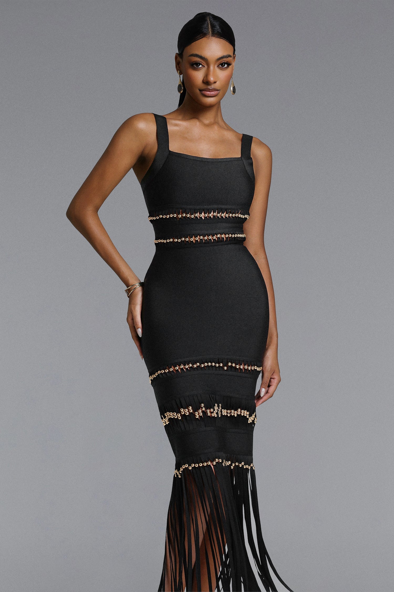 Shanley Chic Contour Sleeveless Beaded Fringe Black Bandage Maxi Dress D260301217