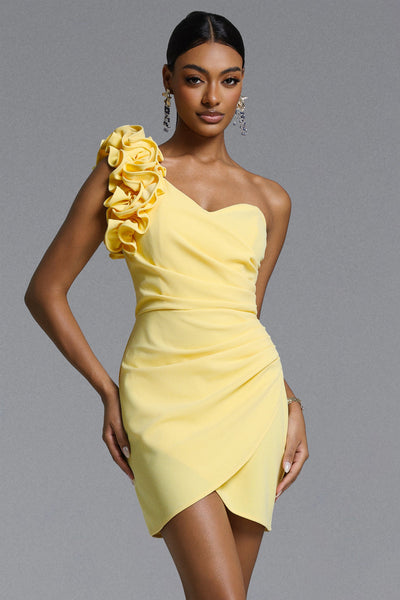 Yellow - Roanna Elegant Contour One Shoulder Ruched Ruffle Mini Dress by Bella Barnett
