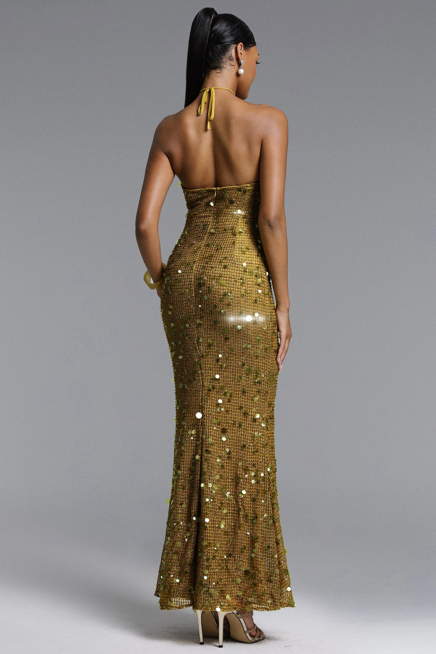 Liza Elegant Contour Halter Floral Sequin Maxi Dress D260205106