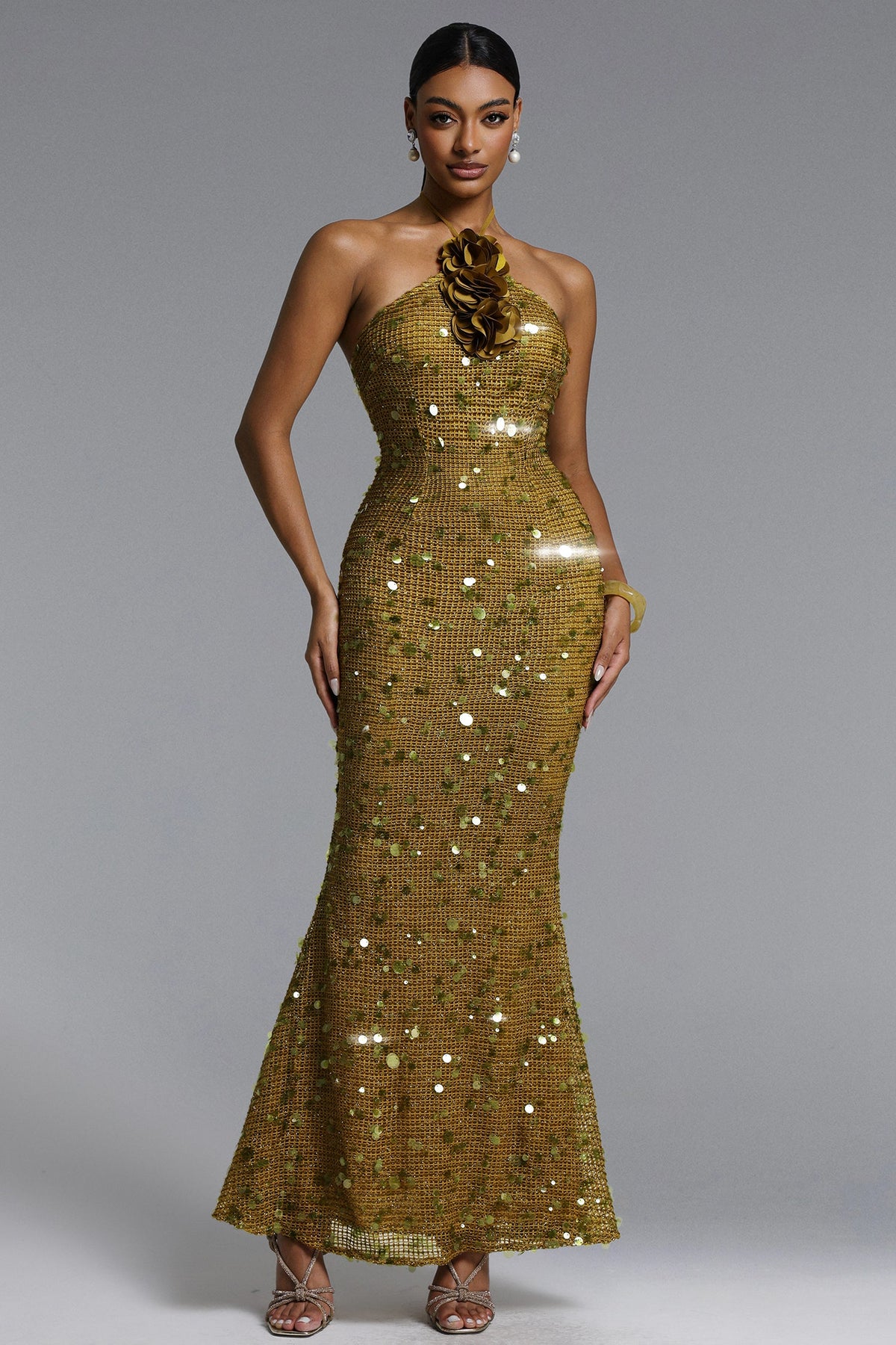 Liza Elegant Contour Halter Floral Sequin Maxi Dress D260205106