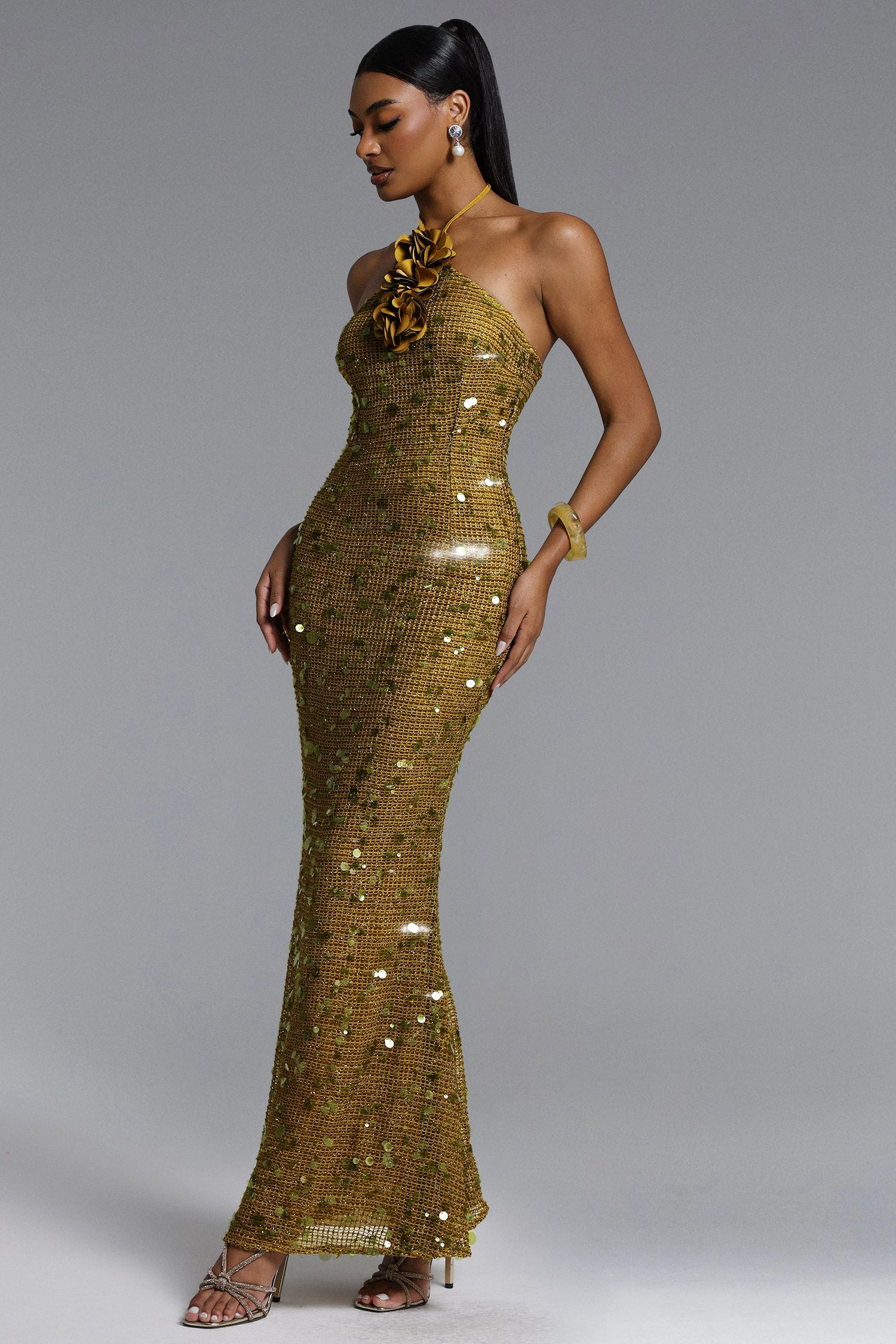 Liza Elegant Contour Halter Floral Sequin Maxi Dress D260205106