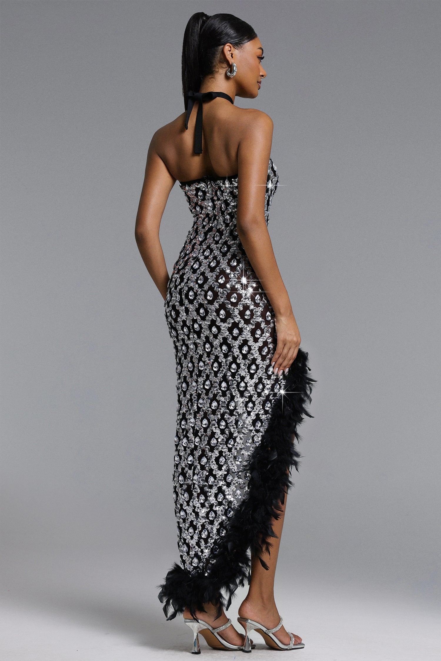 Raola Glamorous Contour Halter Rhinestone Sequin Feather Maxi Dress D260401109