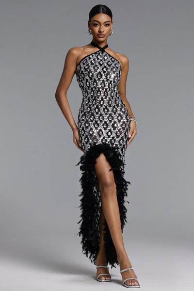 Black - Raola Glamorous Contour Halter Rhinestone Sequin Feather Maxi Dress by Bella Barnett