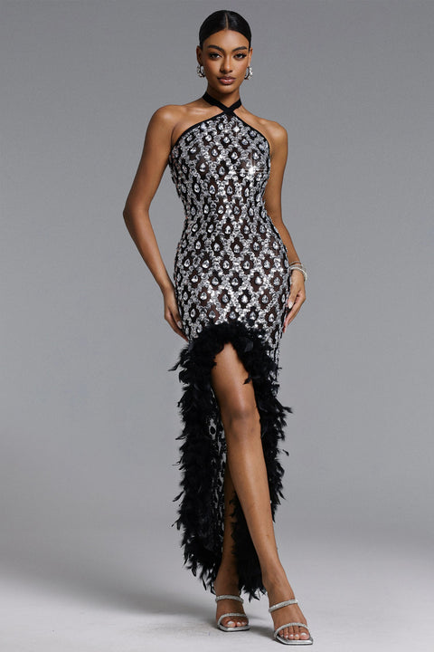 Raola Glamorous Contour Halter Rhinestone Sequin Feather Maxi Dress by Bella Barnett