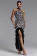 Raola Glamorous Contour Halter Rhinestone Sequin Feather Maxi Dress by Bella Barnett