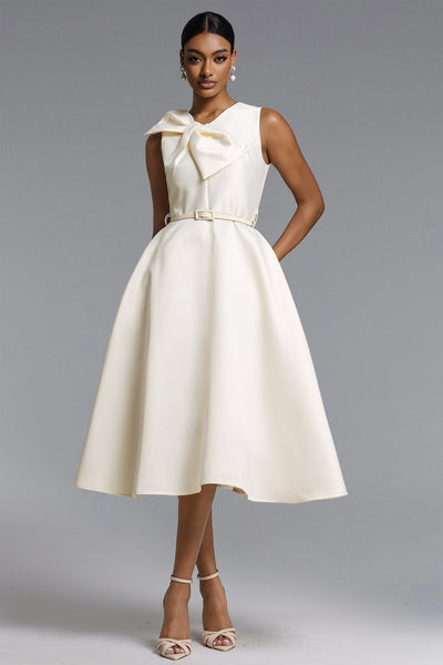Fallon Elegant Tailored Sleeveless Bow Detailed Woven Midi Dress by Bella Barnett