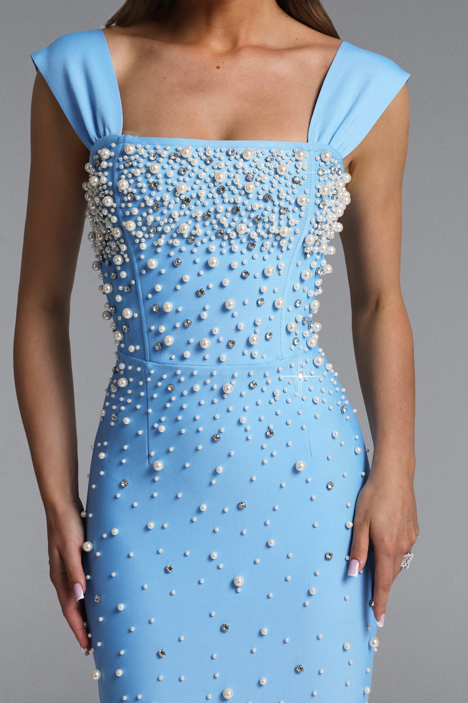 Vafa Glamorous Contour Square Neck Pearl Rhinestone Bandage Maxi Dress D260401238