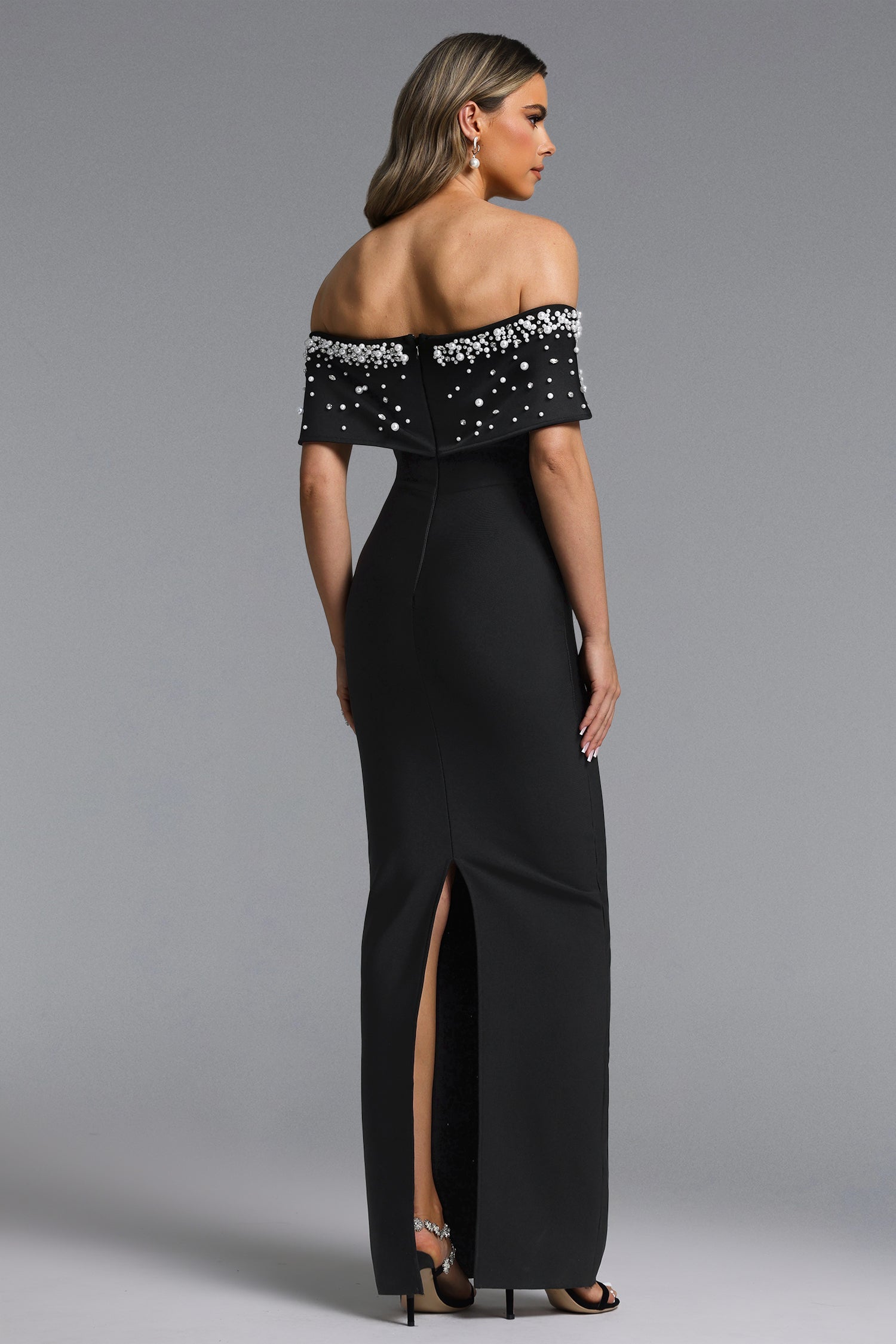 Isme Elegant Contour Off Shoulder Pearl Rhinestone Black Bandage Maxi Dress D260301428