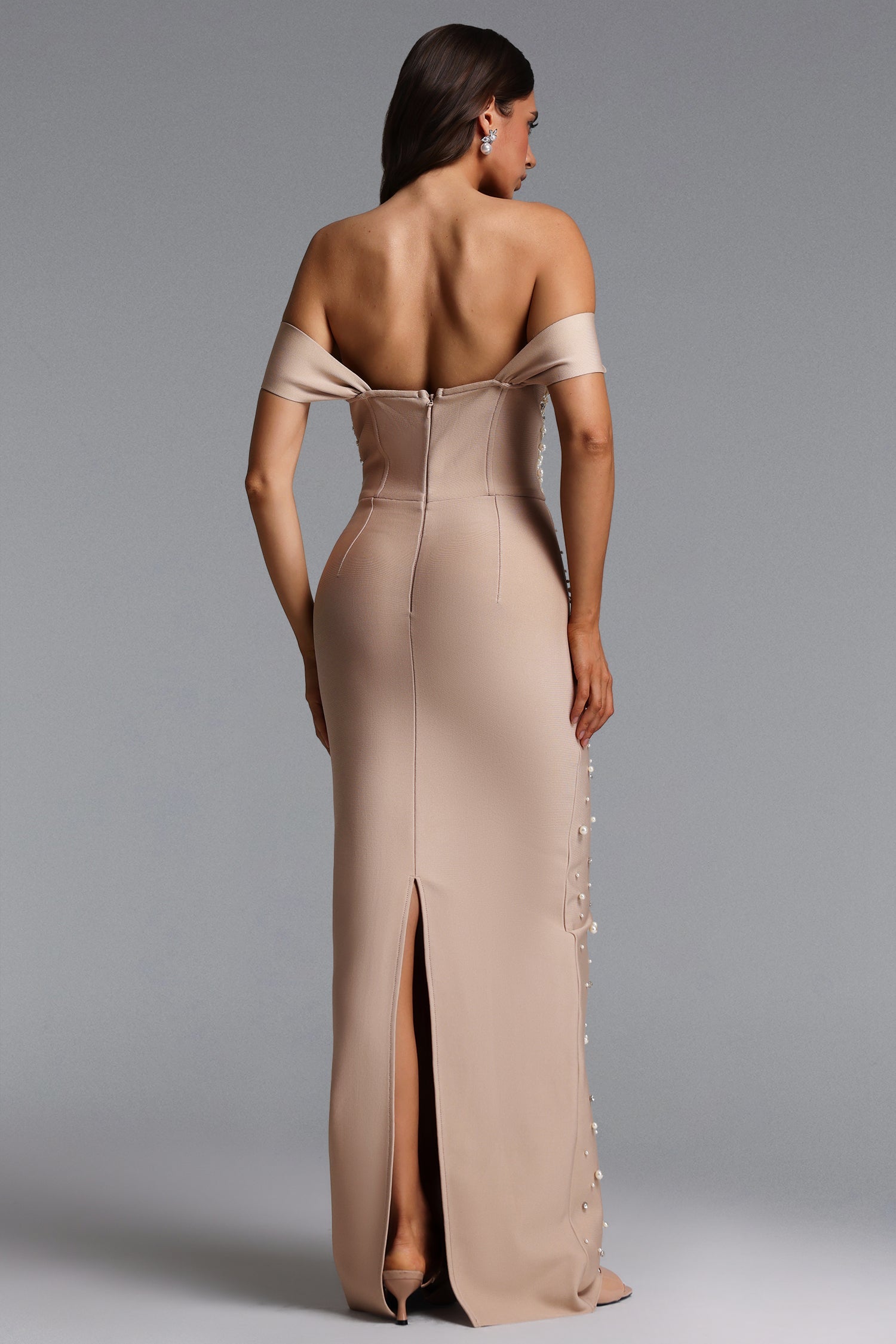 Jaylee Glamorous Off Shoulder Pearl Rhinestone Bandage Maxi Dress D260401273