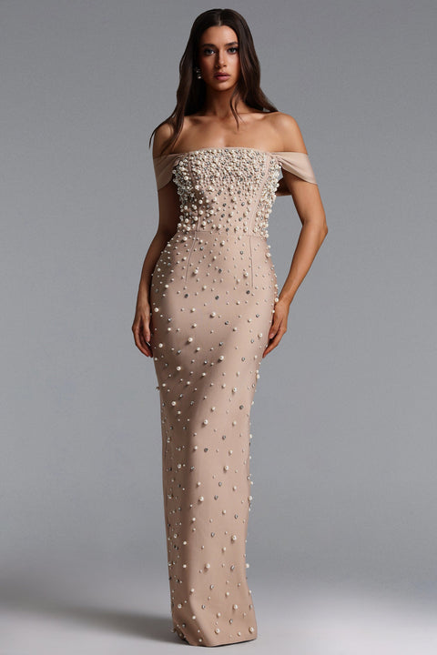 Jaylee Glamorous Off Shoulder Pearl Rhinestone Bandage Maxi Dress by Bella Barnett