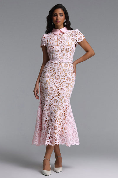 Pink - Felix Elegant Cinched Short Sleeve Floral Lace Maxi Dress by Bella Barnett