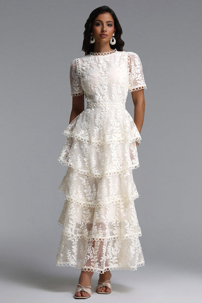 White - Yedda Resort Flowy Round Neck Short Sleeve Floral Embroidered Woven Maxi Dress by Bella Barnett
