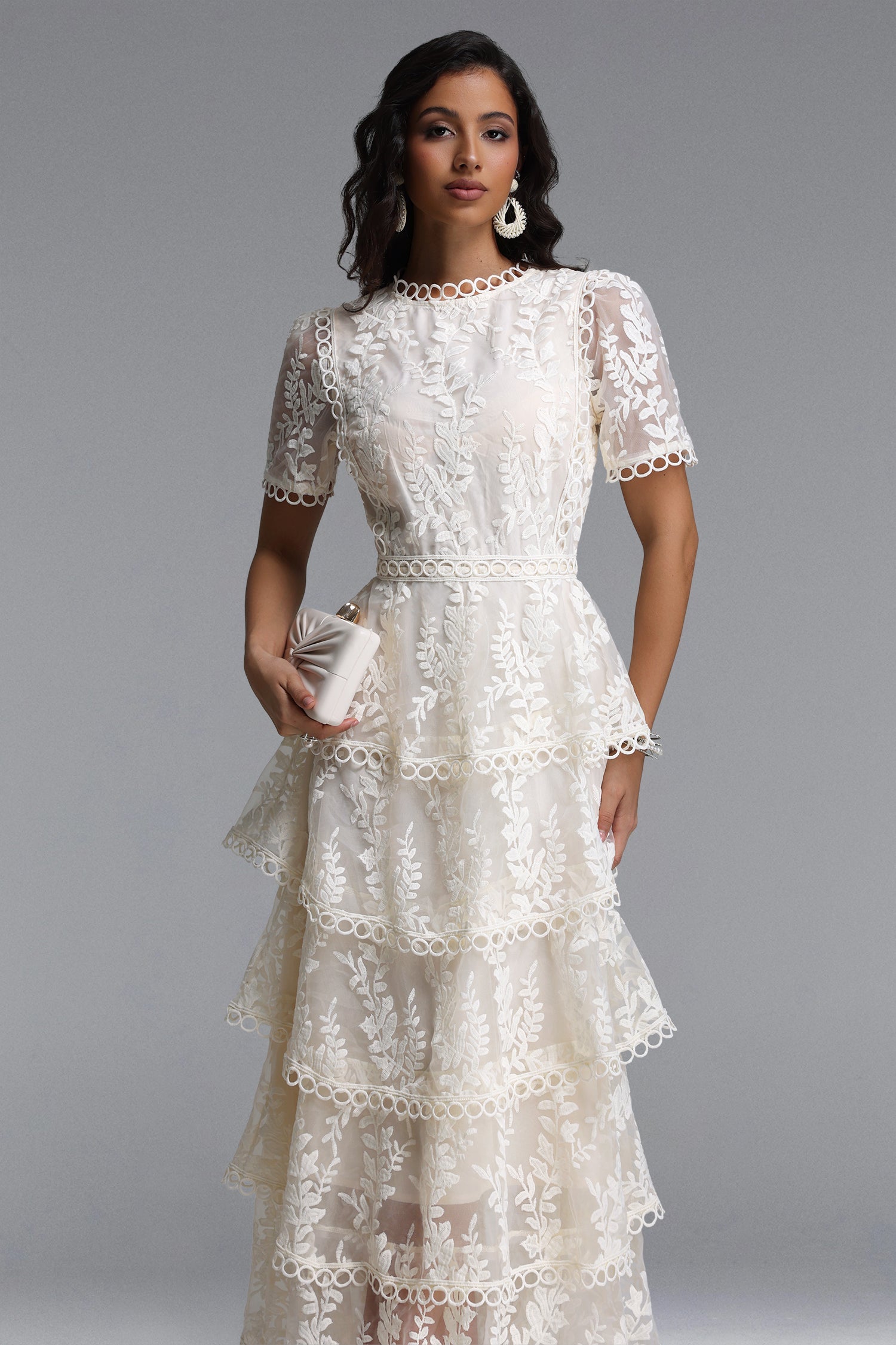 Yedda Resort Flowy Round Neck Short Sleeve Floral Embroidered Woven Maxi Dress C260400053