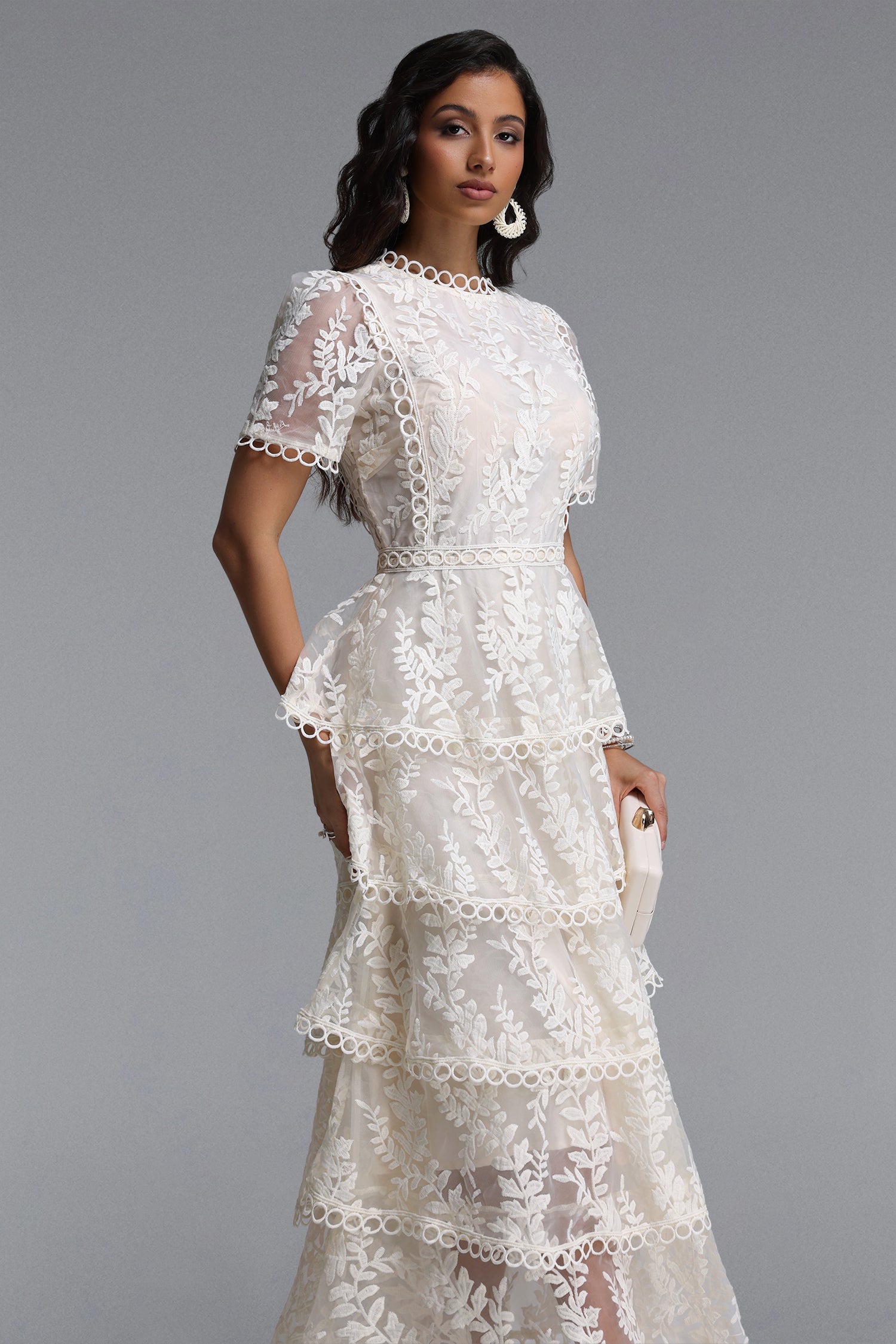 Yedda Resort Flowy Round Neck Short Sleeve Floral Embroidered Woven Maxi Dress C260400053