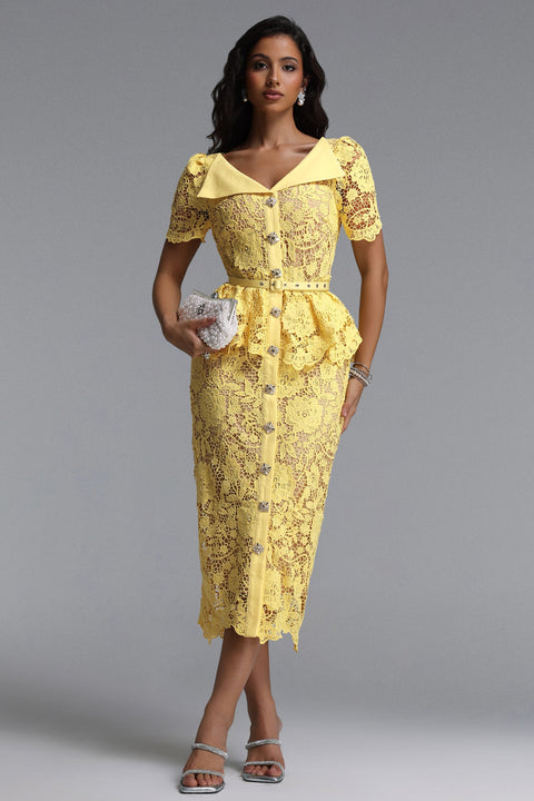 Quinn Elegant Cinched Short Sleeve Floral Lace Maxi Dress by Bella Barnett