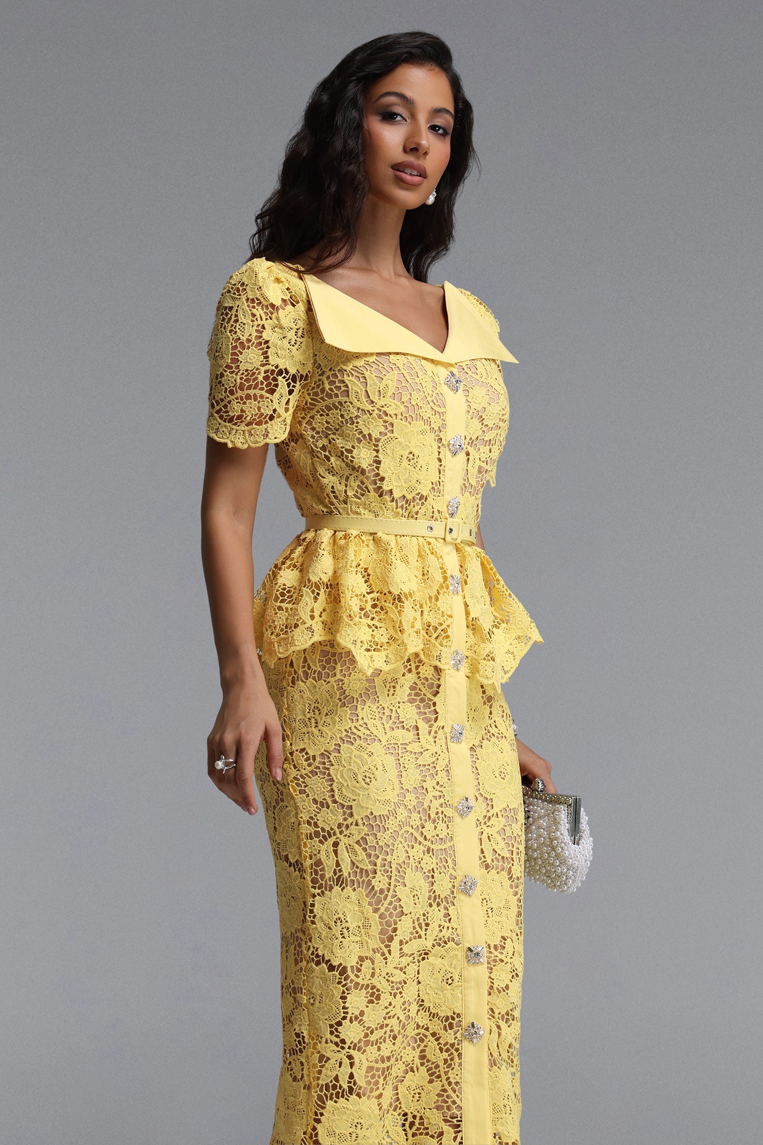 Quinn Elegant Cinched Short Sleeve Floral Lace Maxi Dress C260400088