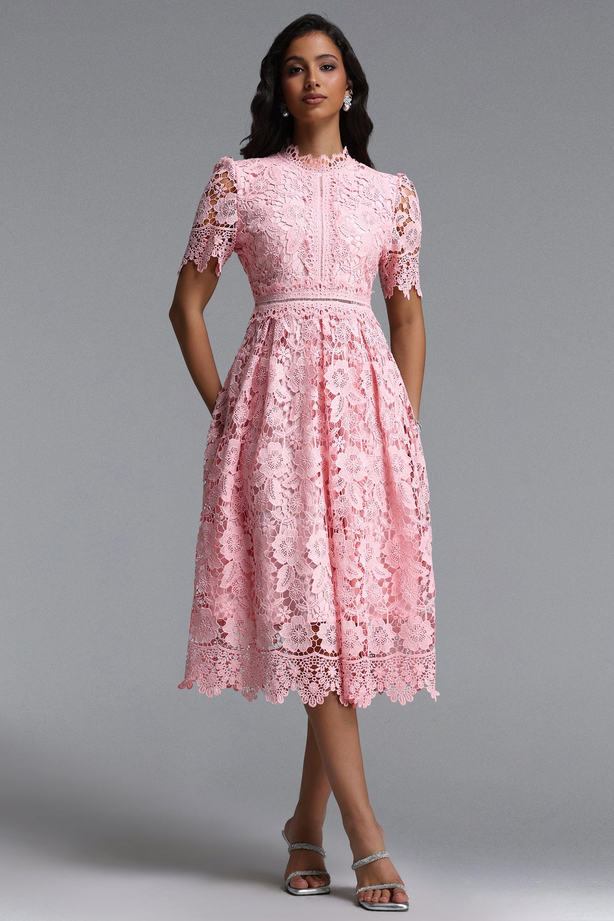 Valema Resort Flowy Short Sleeve Floral Lace Midi Dress C260400094