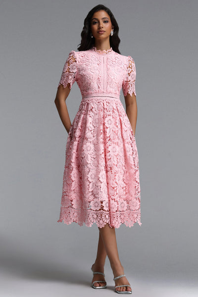 Pink - Valema Resort Flowy Short Sleeve Floral Lace Midi Dress by Bella Barnett