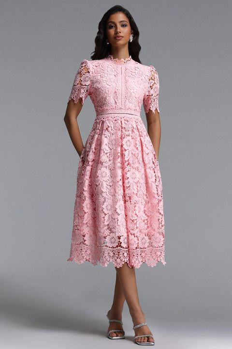 Valema Resort Flowy Short Sleeve Floral Lace Midi Dress by Bella Barnett