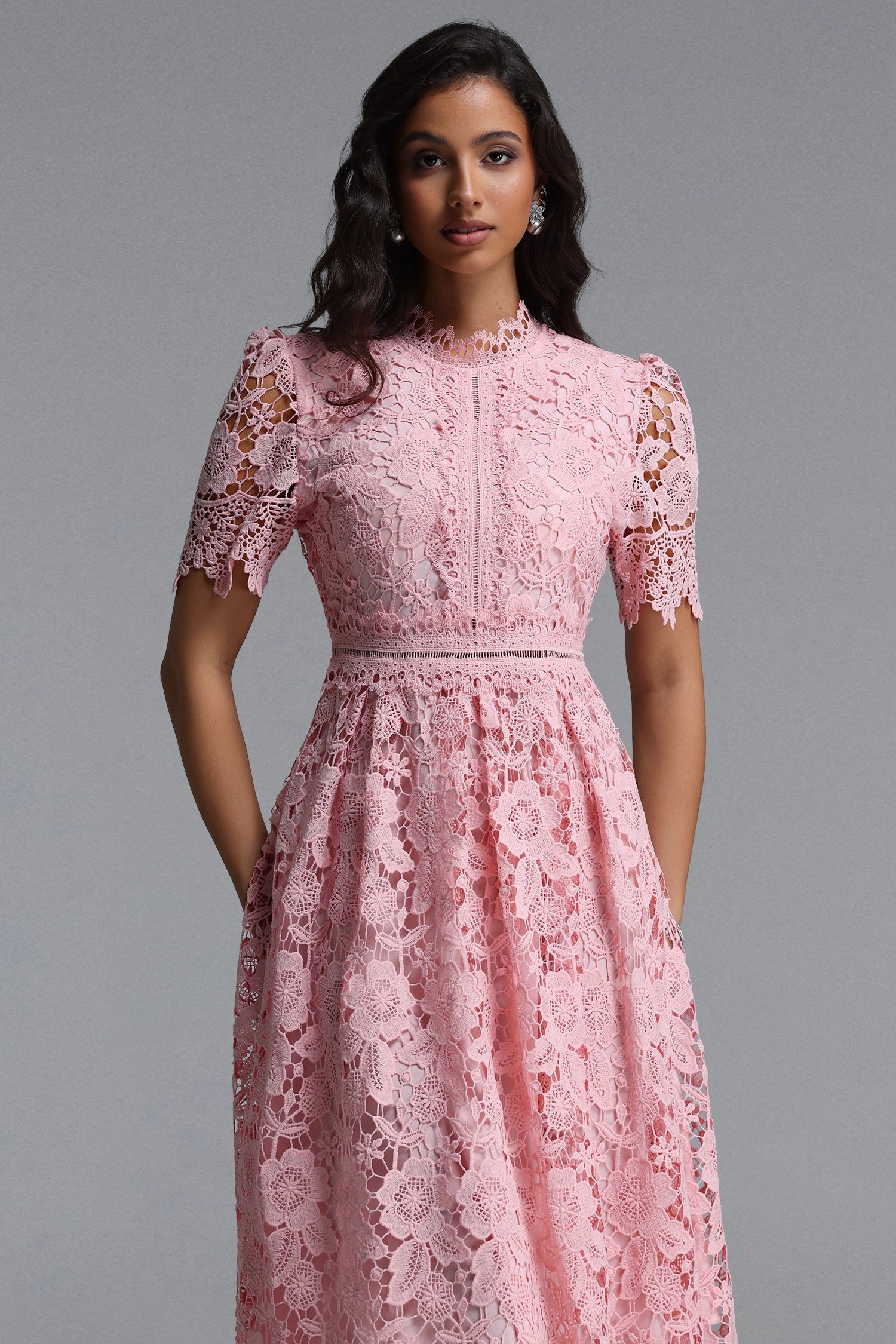 Valema Resort Flowy Short Sleeve Floral Lace Midi Dress C260400094