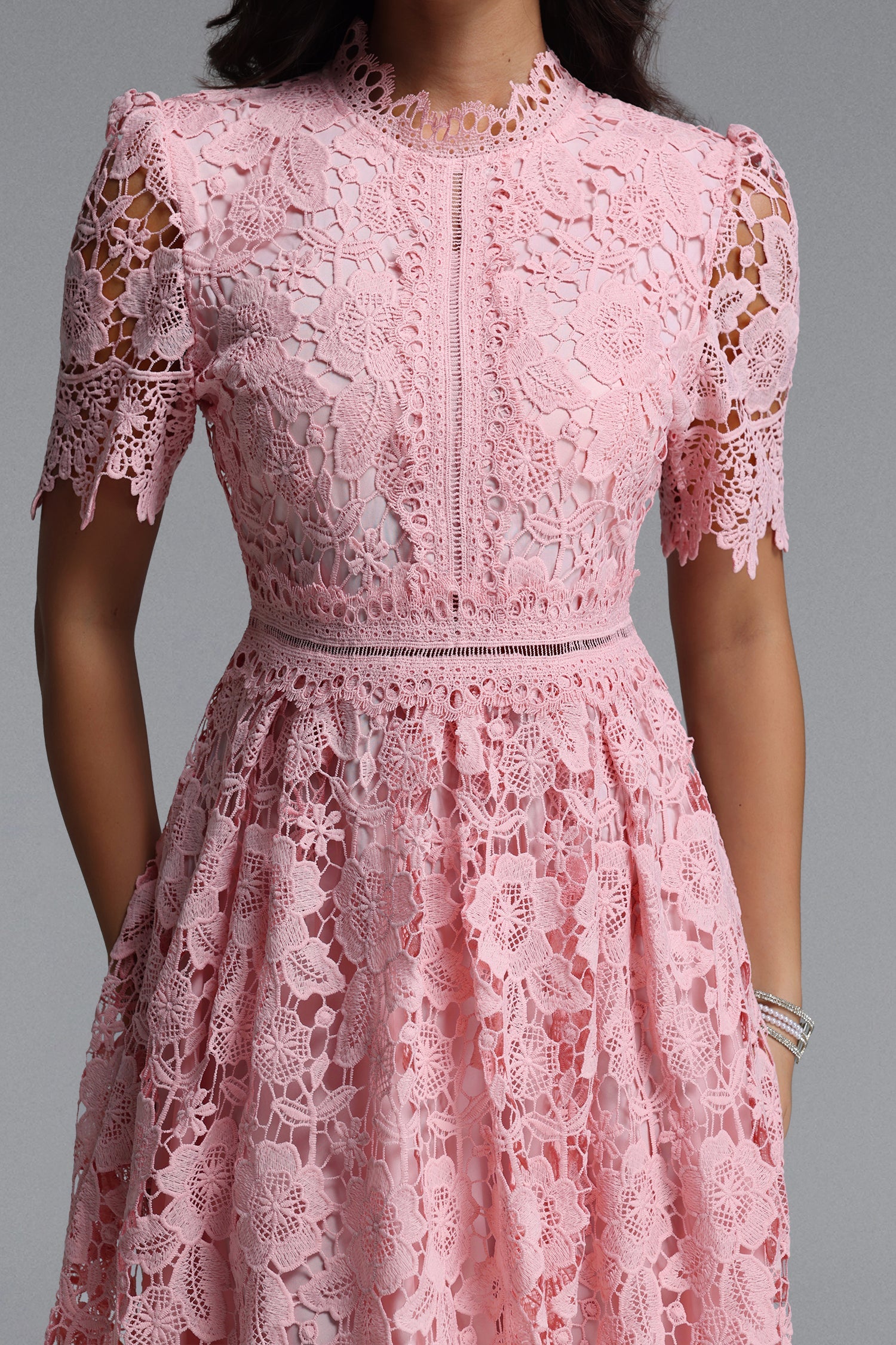 Valema Resort Flowy Short Sleeve Floral Lace Midi Dress by Bella Barnett