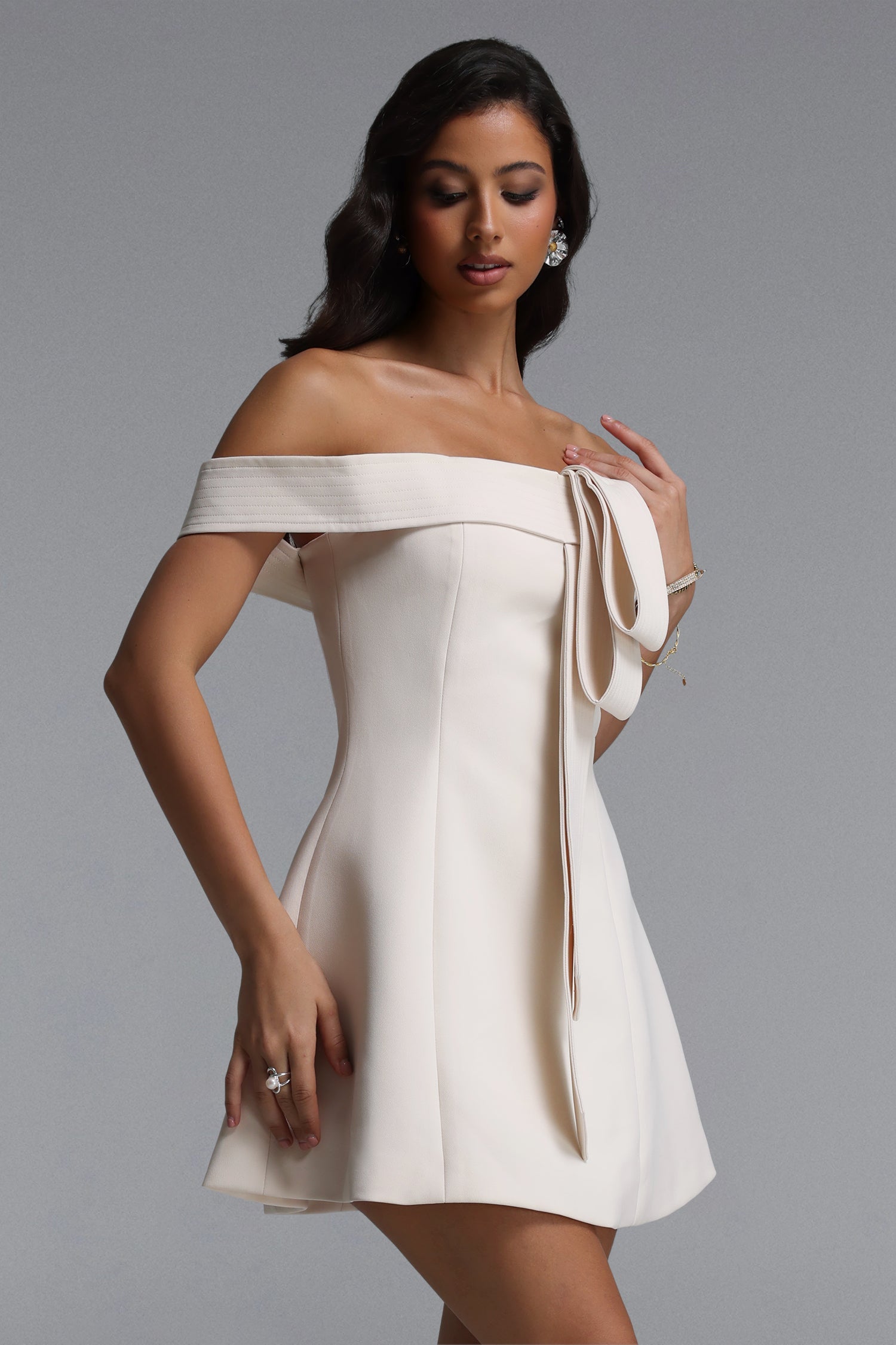 Morgan Chic Tailored Off Shoulder Woven Mini Dress C260400111