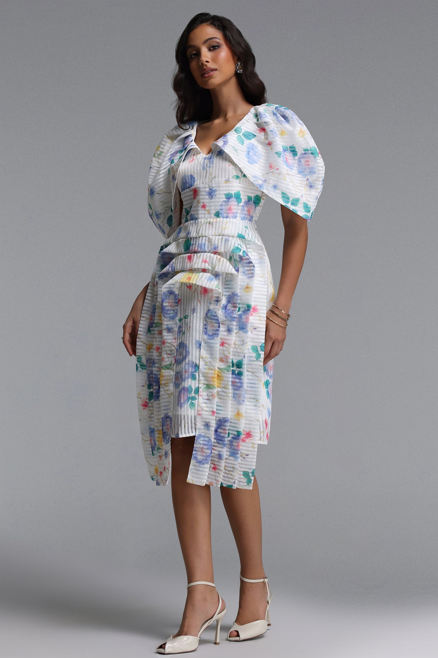 Wezal Chic Tailored Floral Print Stripe Woven Midi Dress C260400041