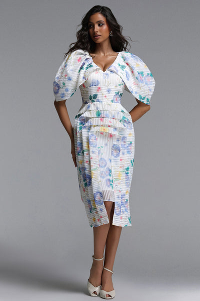 White - Wezal Chic Tailored Floral Print Stripe Woven Midi Dress by Bella Barnett