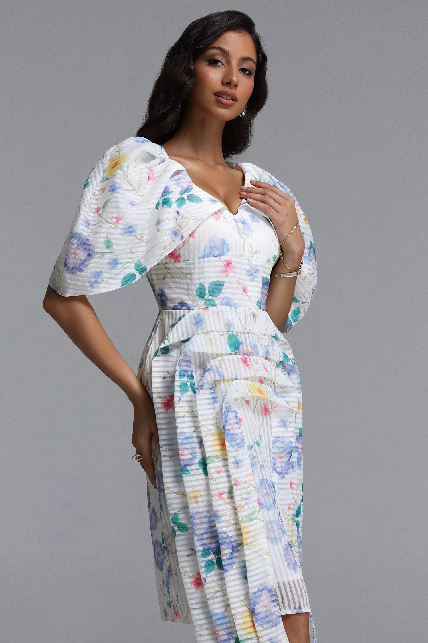 Wezal Chic Tailored Floral Print Stripe Woven Midi Dress C260400041