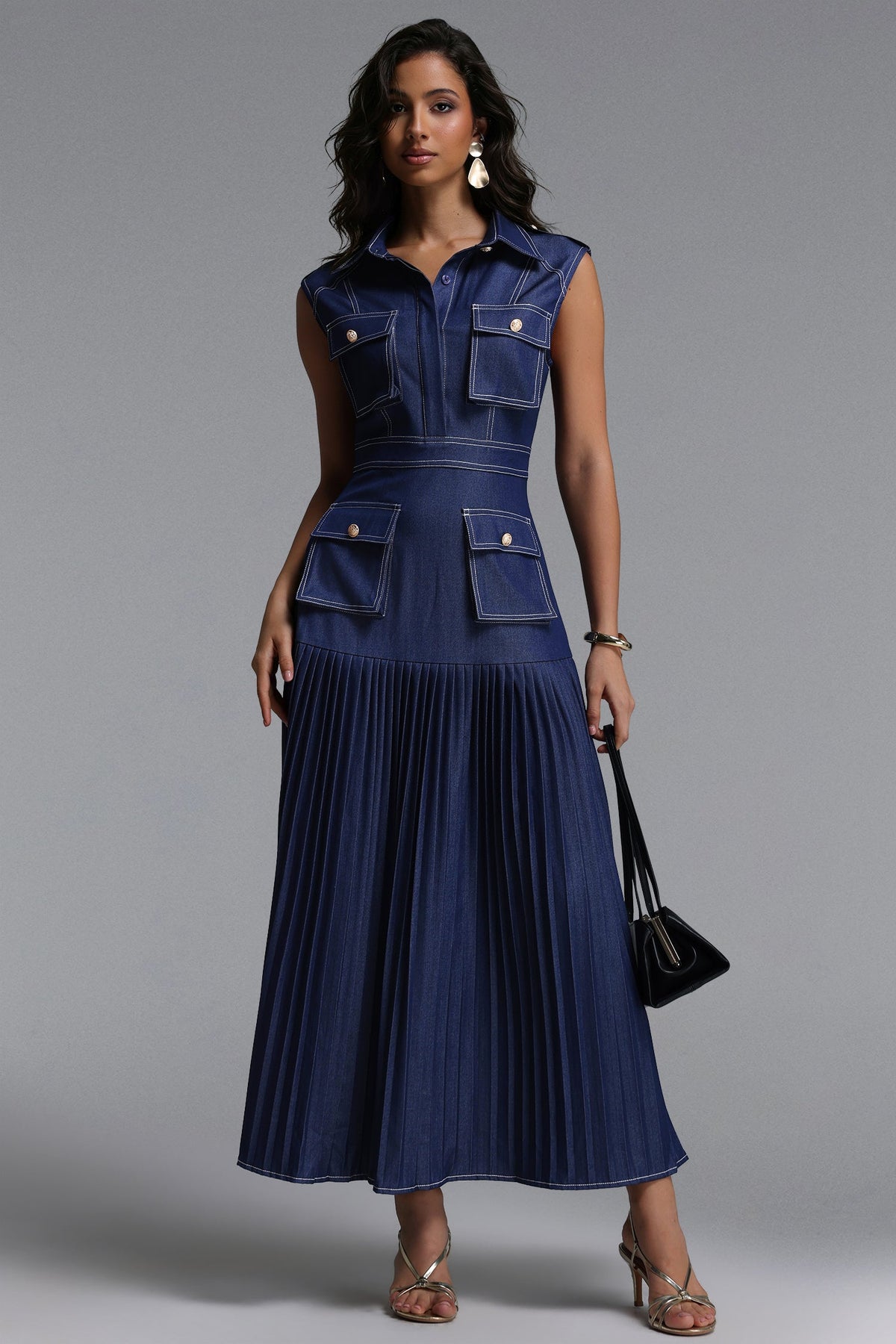 Jouy Elegant Tailored Sleeveless Pleated Denim Maxi Dress C260400051