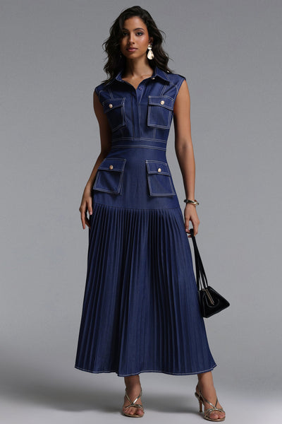 Blue - Jouy Elegant Tailored Sleeveless Pleated Denim Maxi Dress by Bella Barnett