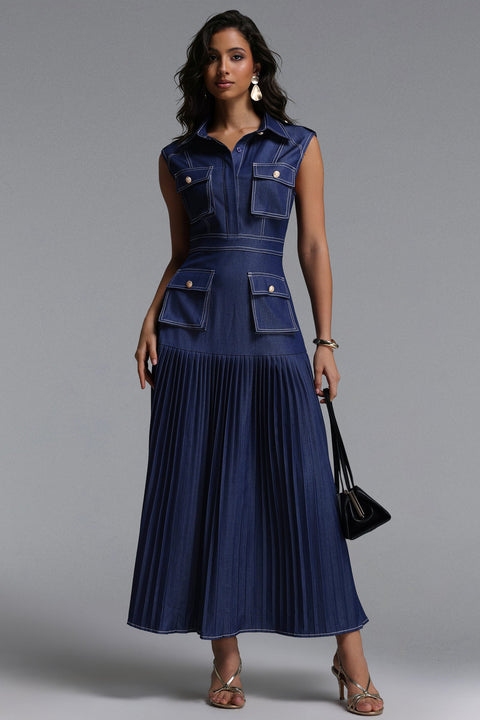 Jouy Elegant Tailored Sleeveless Pleated Denim Maxi Dress by Bella Barnett