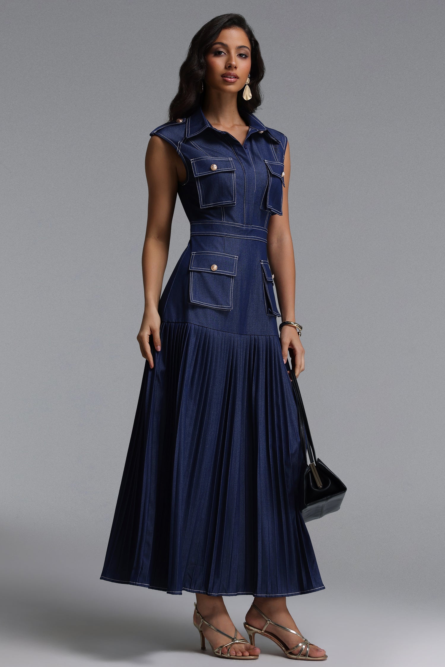 Jouy Elegant Tailored Sleeveless Pleated Denim Maxi Dress C260400051