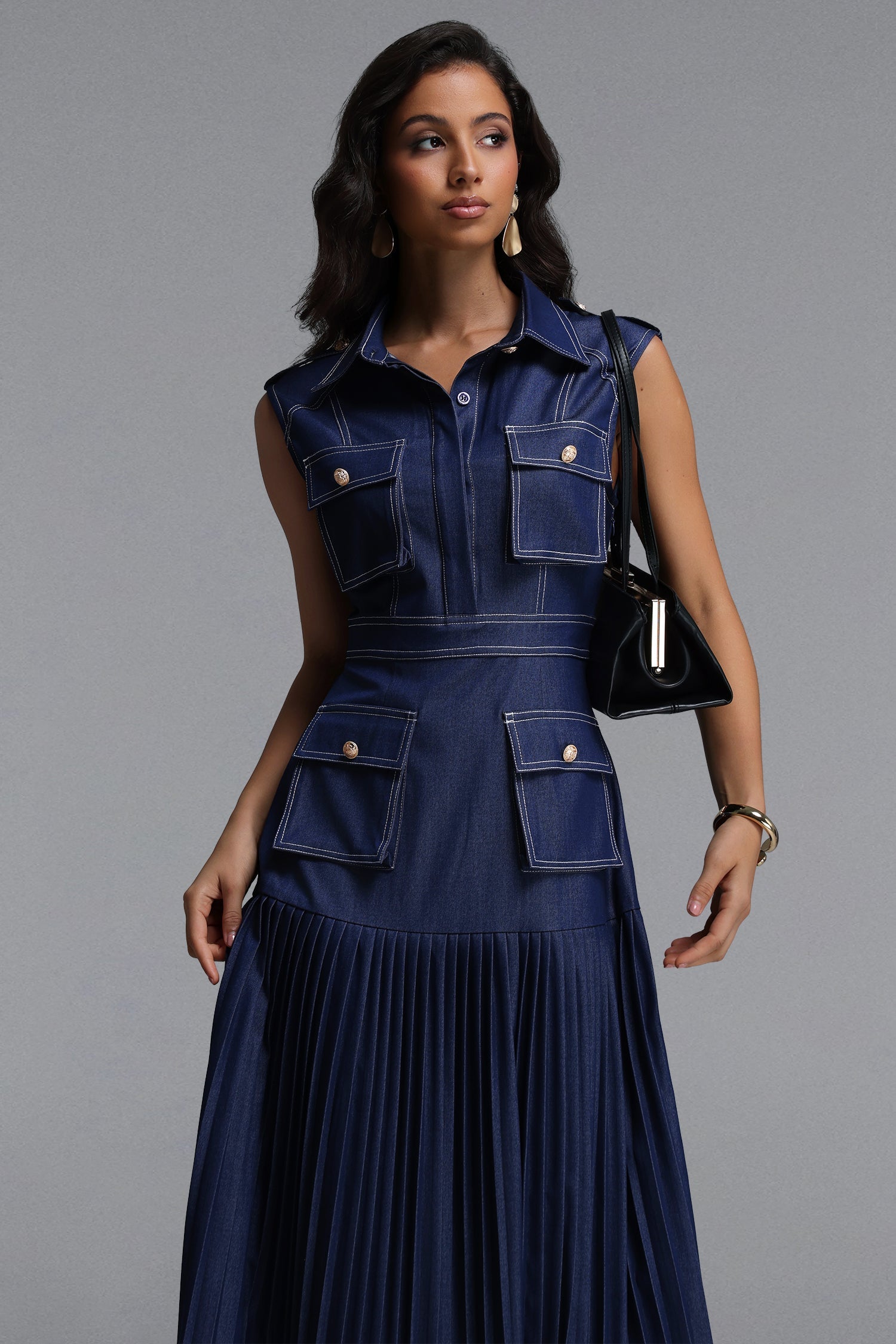Jouy Elegant Tailored Sleeveless Pleated Denim Maxi Dress C260400051