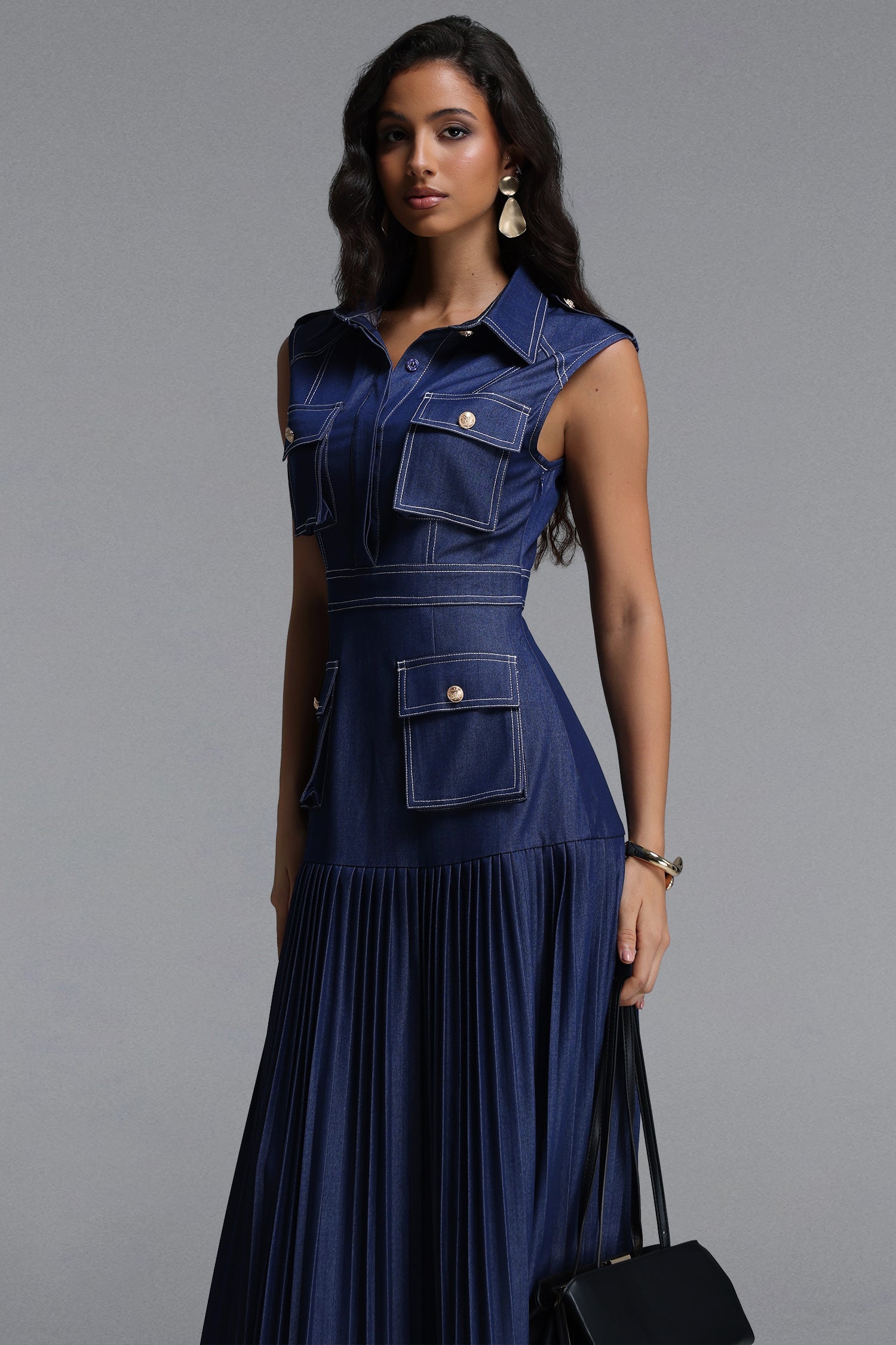 Jouy Elegant Tailored Sleeveless Pleated Denim Maxi Dress C260400051