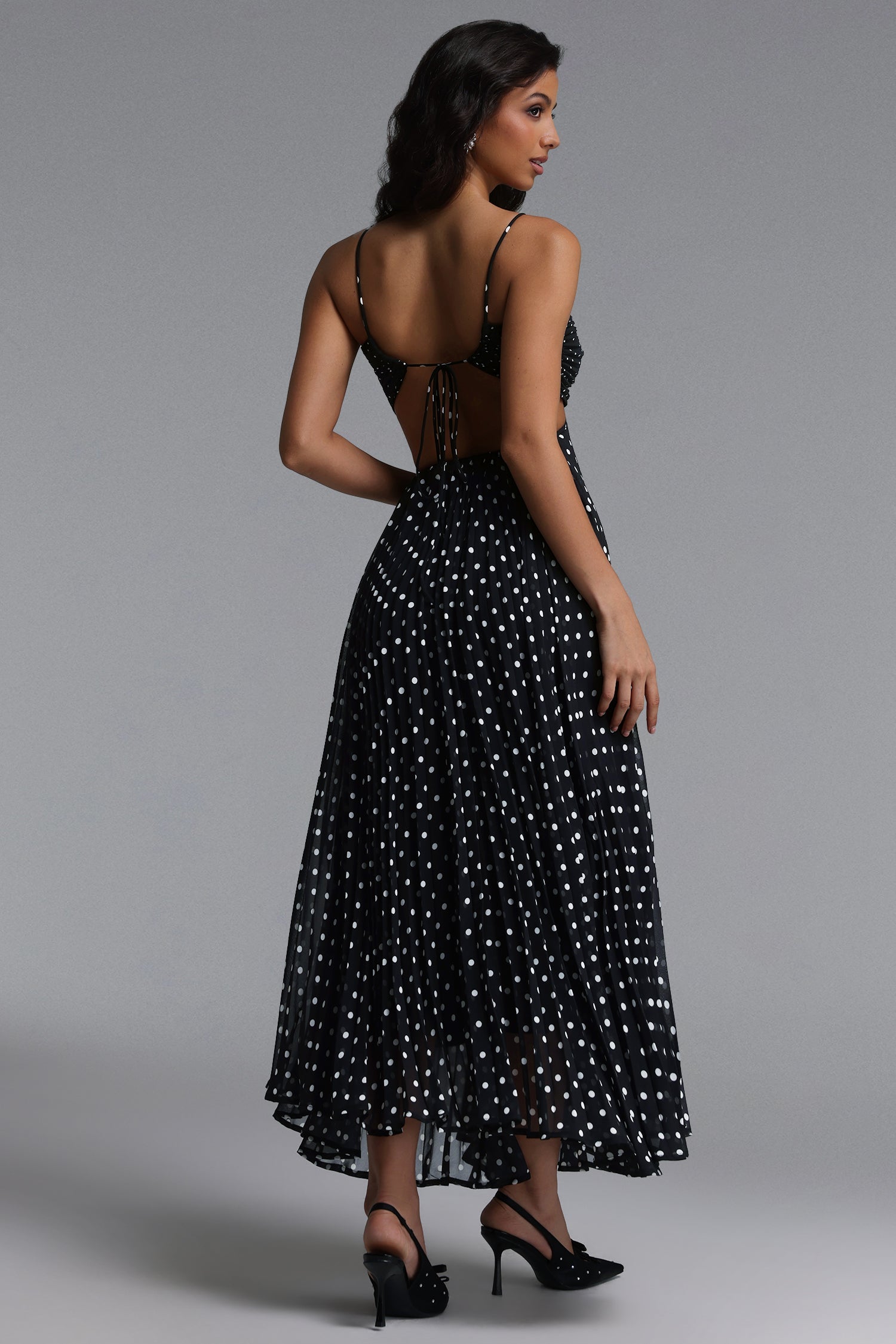 Loka Resort Flowy Sleeveless Cut Out Pleated Polka Dot Woven Maxi Dress C260400108