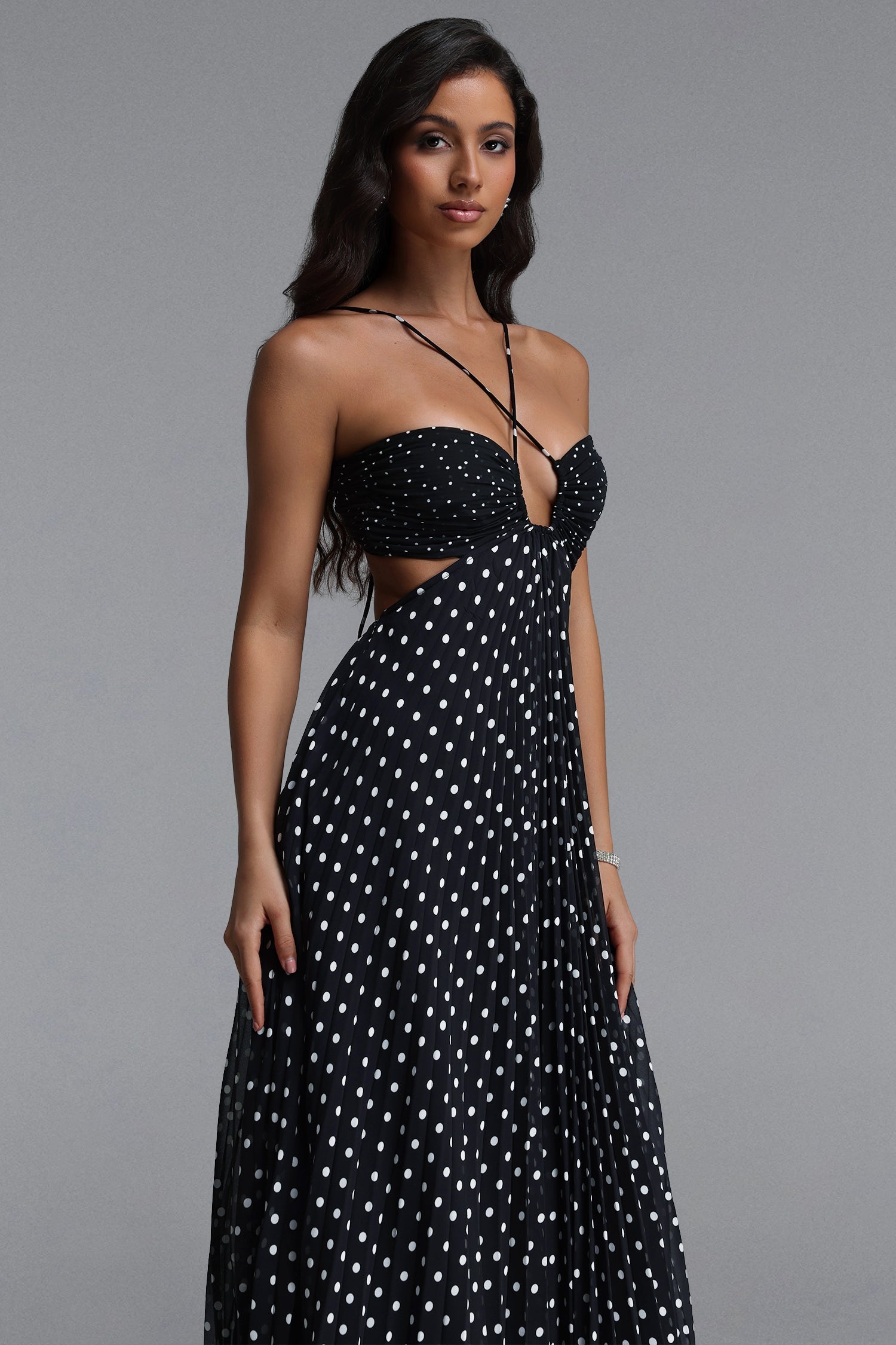 Loka Resort Flowy Sleeveless Cut Out Pleated Polka Dot Woven Maxi Dress C260400108