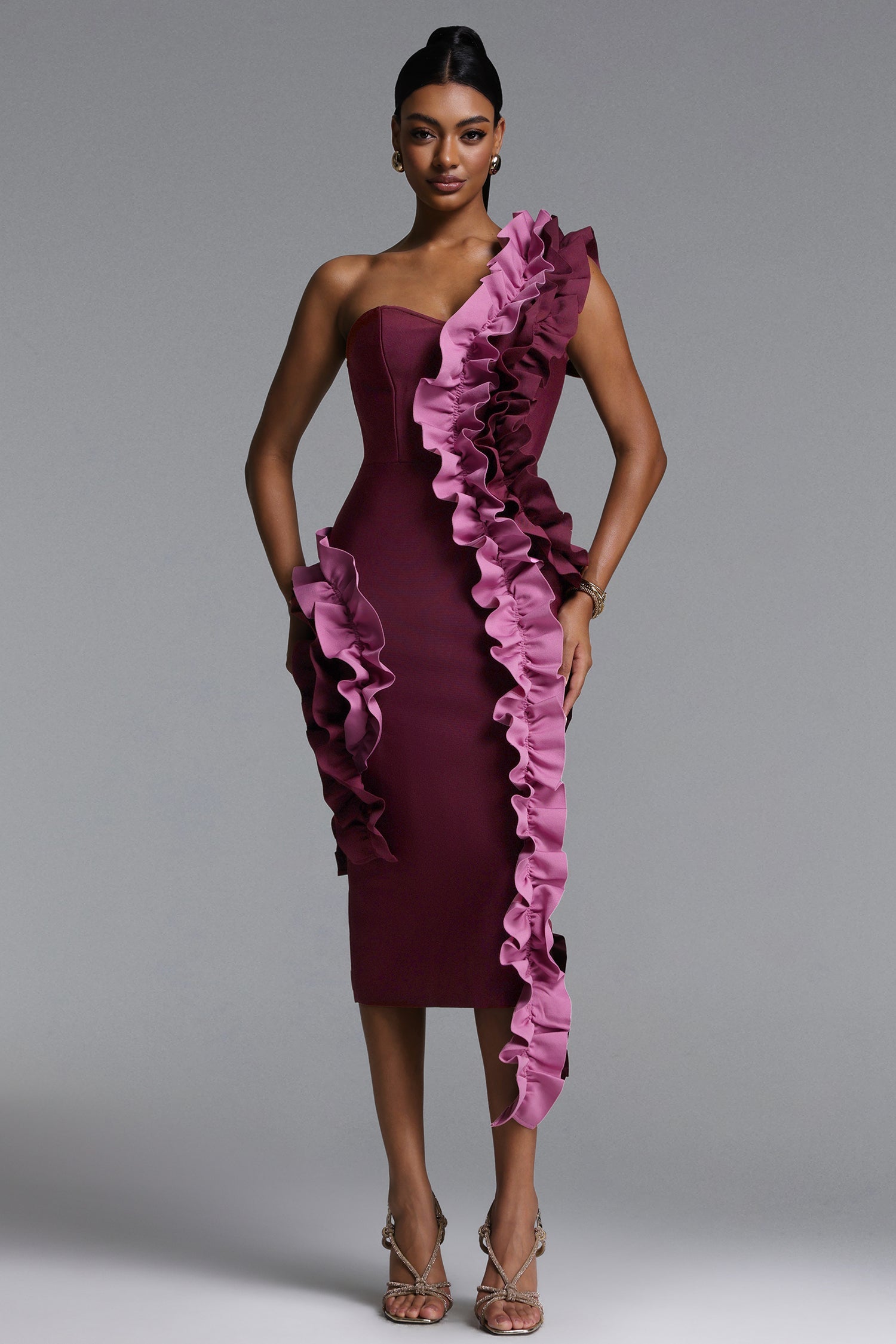 Gaia Chic Contour Strapless Ruffle Bandage Maxi Dress D260401448