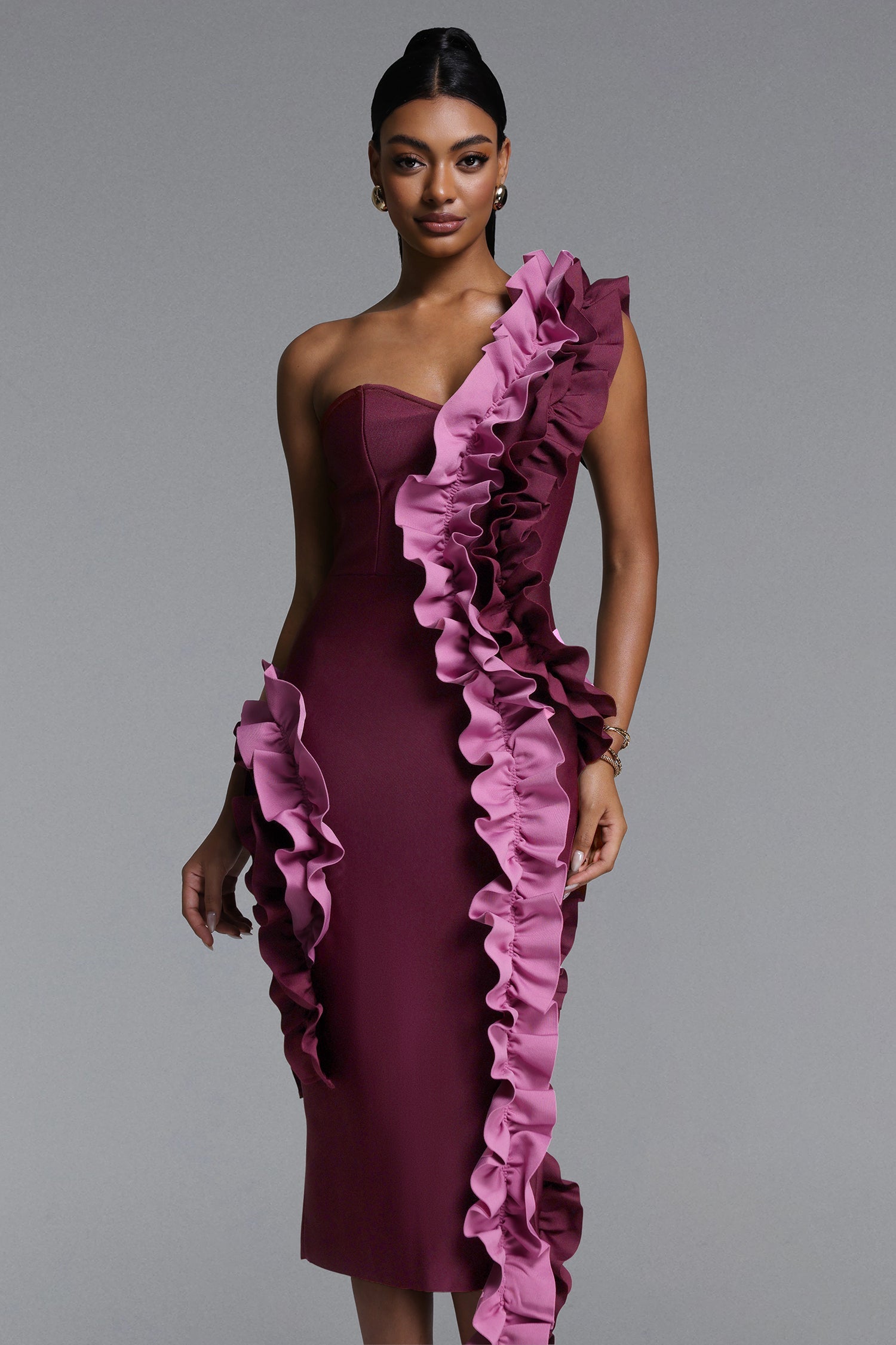 Gaia Chic Contour Strapless Ruffle Bandage Maxi Dress D260401448