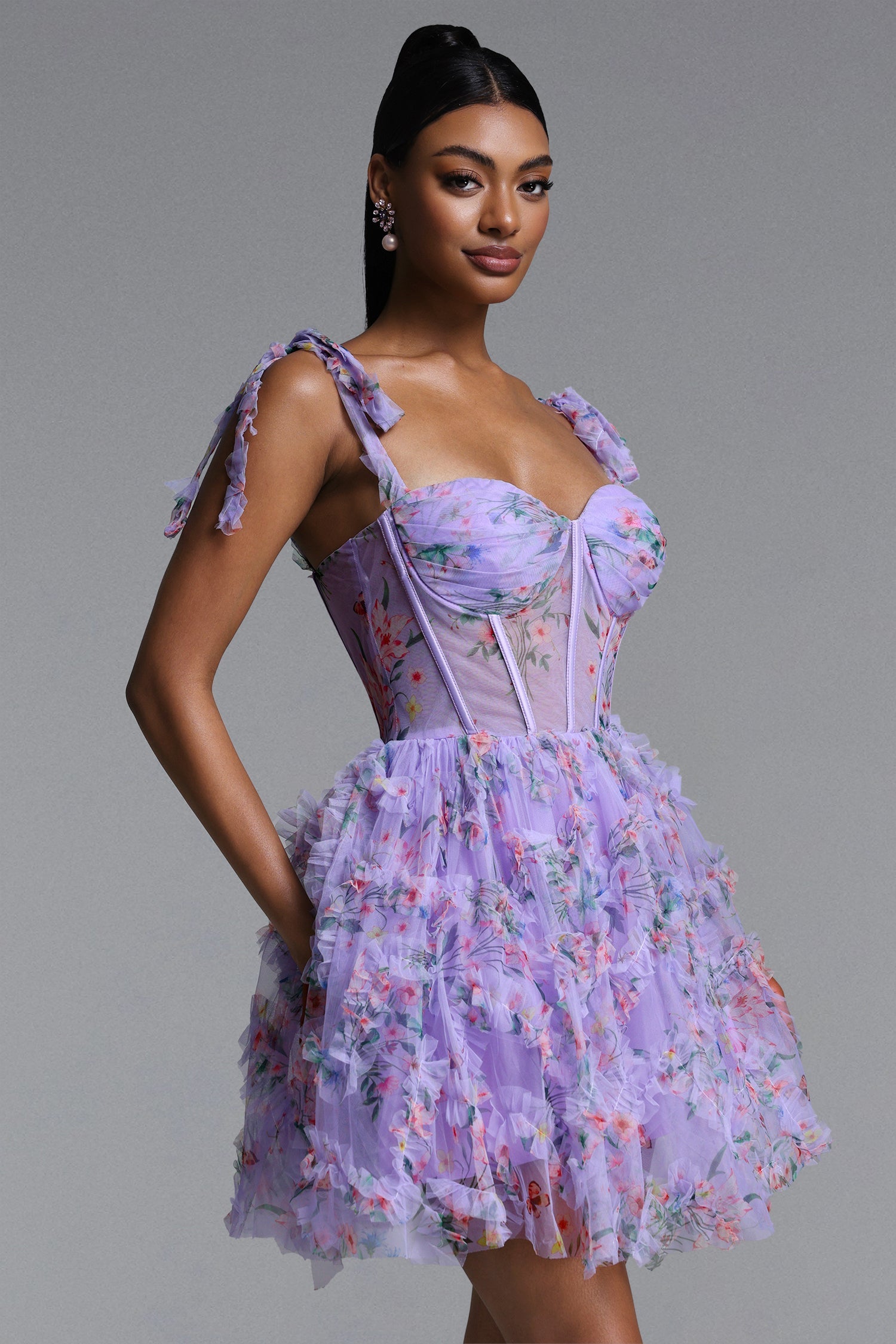 Mitra Romantic Tailored Floral Print Corset Mini Dress D260401288