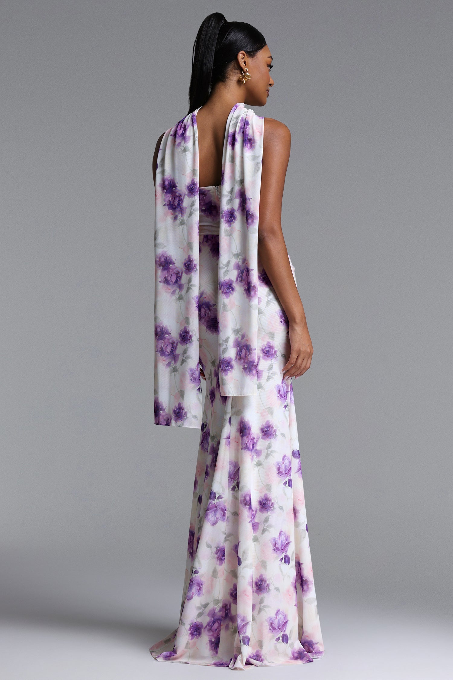 Olivia Romantic Contour Strapless Scarf Ruched Floral Print Mesh Maxi Dress D260305501
