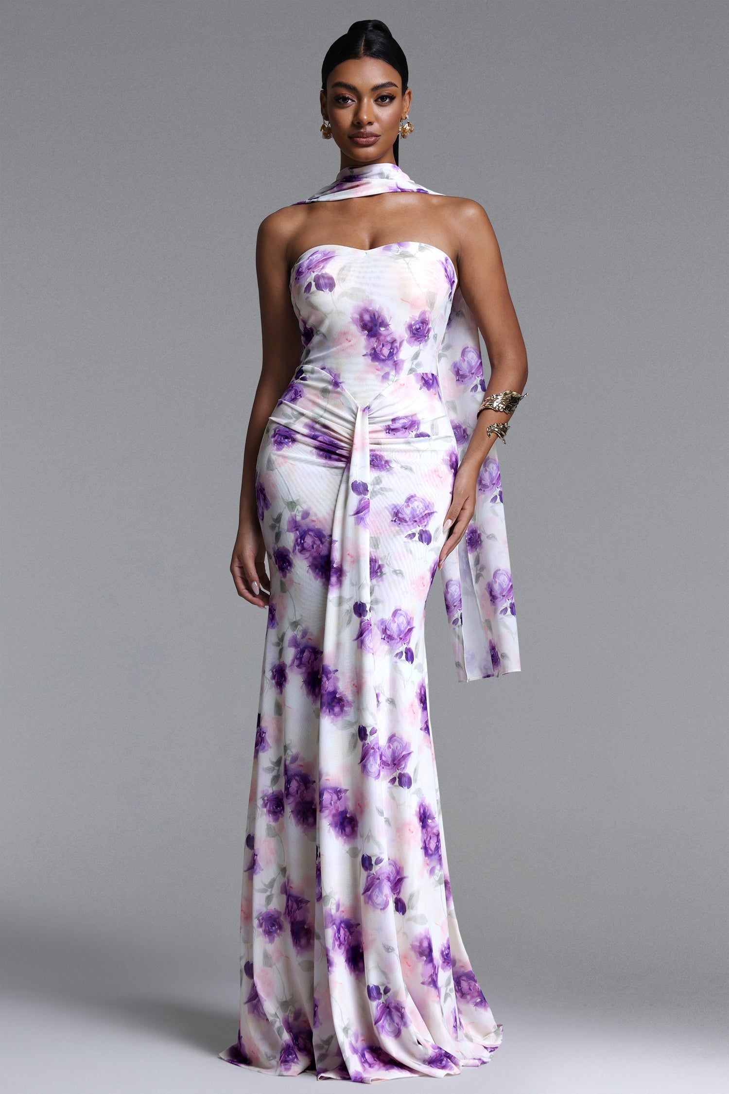 Olivia Romantic Contour Strapless Scarf Ruched Floral Print Mesh Maxi Dress D260305501