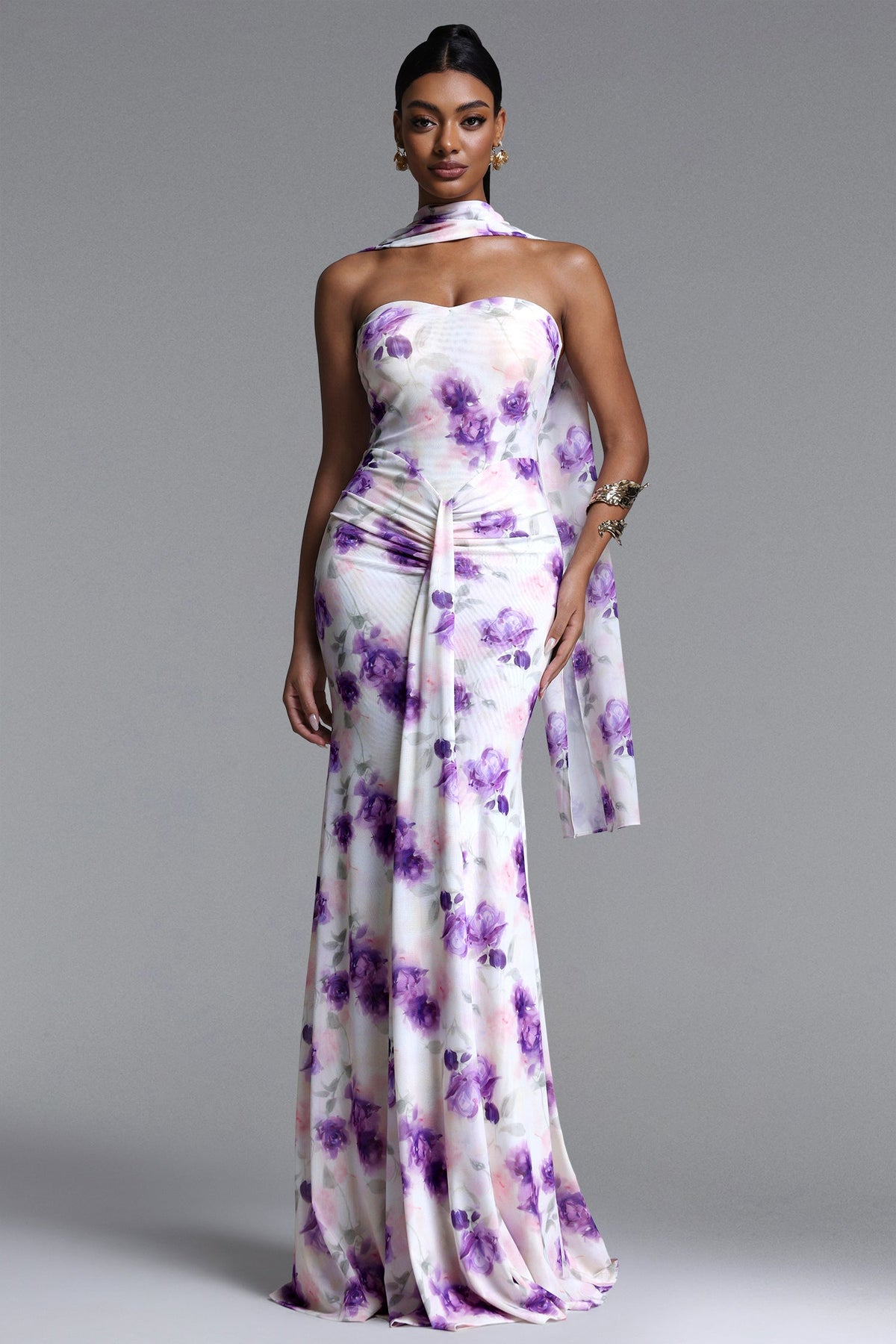 Olivia Romantic Contour Strapless Scarf Ruched Floral Print Mesh Maxi Dress D260305501