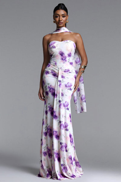 Purple - Olivia Romantic Contour Strapless Scarf Ruched Floral Print Mesh Maxi Dress by Bella Barnett