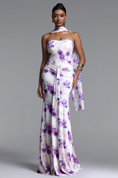 Olivia Romantic Contour Strapless Scarf Ruched Floral Print Mesh Maxi Dress by Bella Barnett