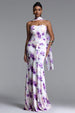 Olivia Romantic Contour Strapless Scarf Ruched Floral Print Mesh Maxi Dress by Bella Barnett