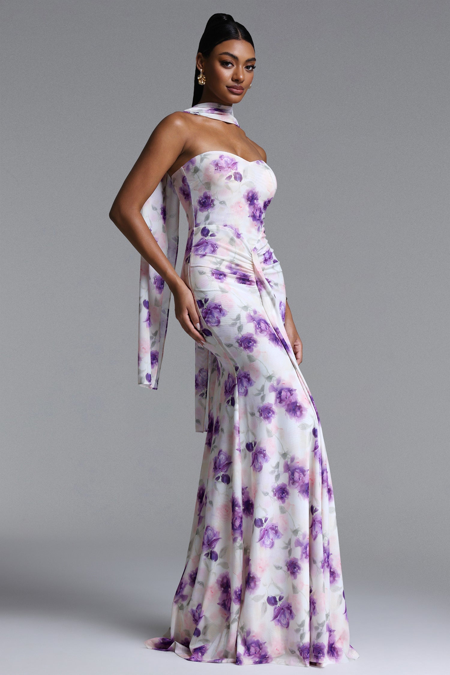 Olivia Romantic Contour Strapless Scarf Ruched Floral Print Mesh Maxi Dress D260305501