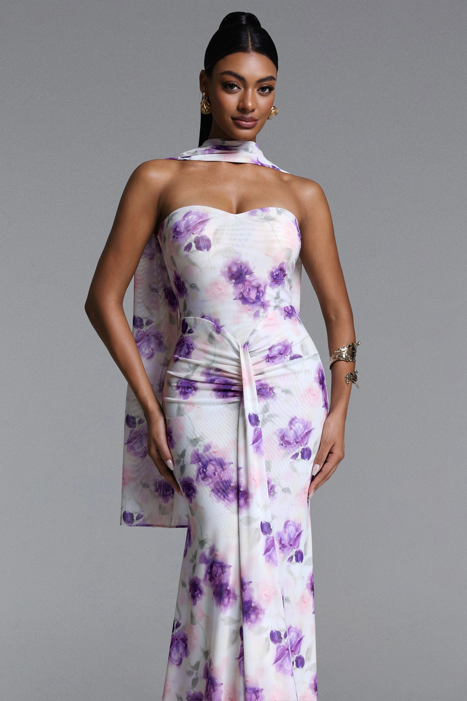 Olivia Romantic Contour Strapless Scarf Ruched Floral Print Mesh Maxi Dress D260305501